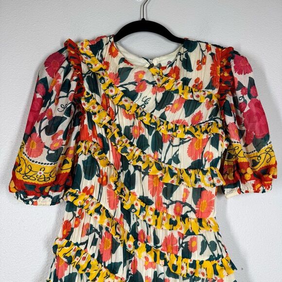 NWT Farm Rio x Anthropologie Floral Puff Sleeve Fitted Mini Dress Ruffle XS - Picture 2 of 9